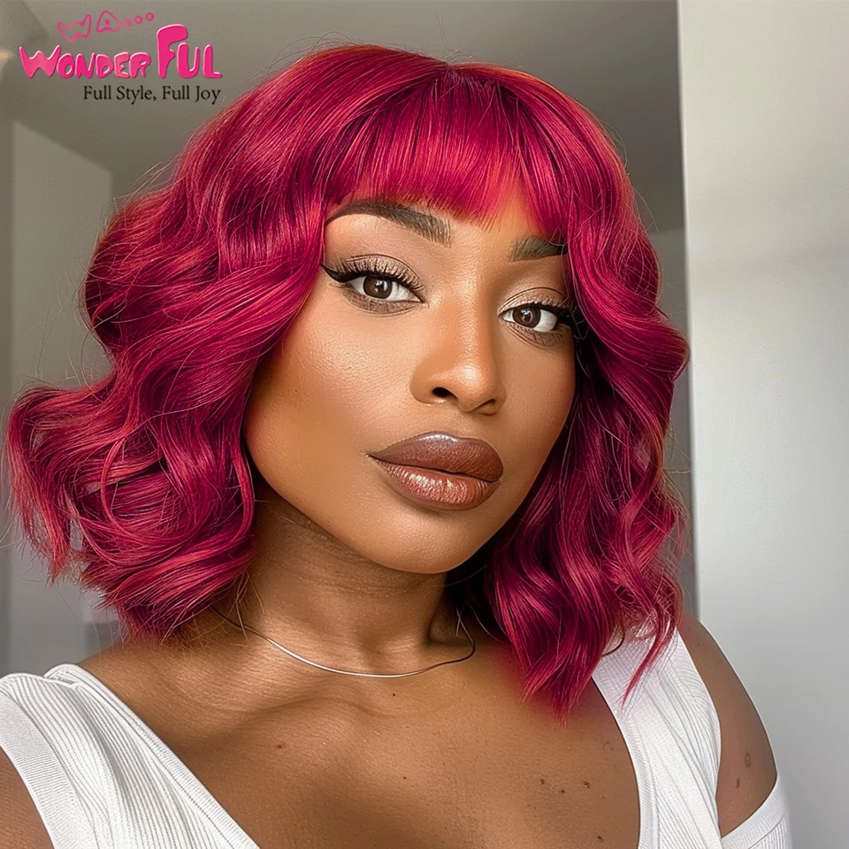 

Wonderful Brazilian Remy Hair Red Body Wave Bob Wigs With Bang Nature Bob Wigs Blond 33# Highlight Hair Wigs For Black Women