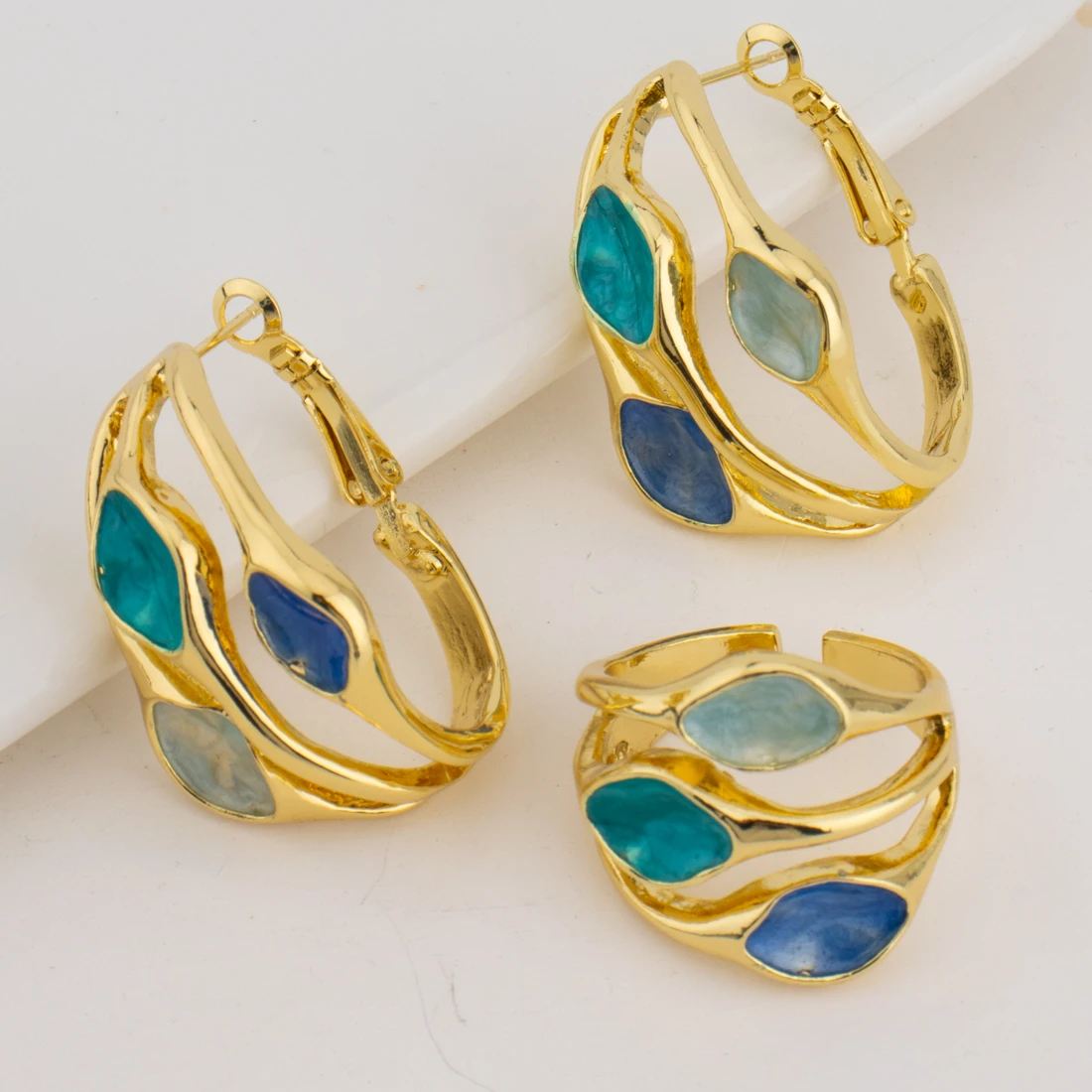 Colorful Women Earrings Ring Congo Africa Trendy Earrings Jewelry Advanced Shine Gold Plated Ring Women\'s Day Wedding Party