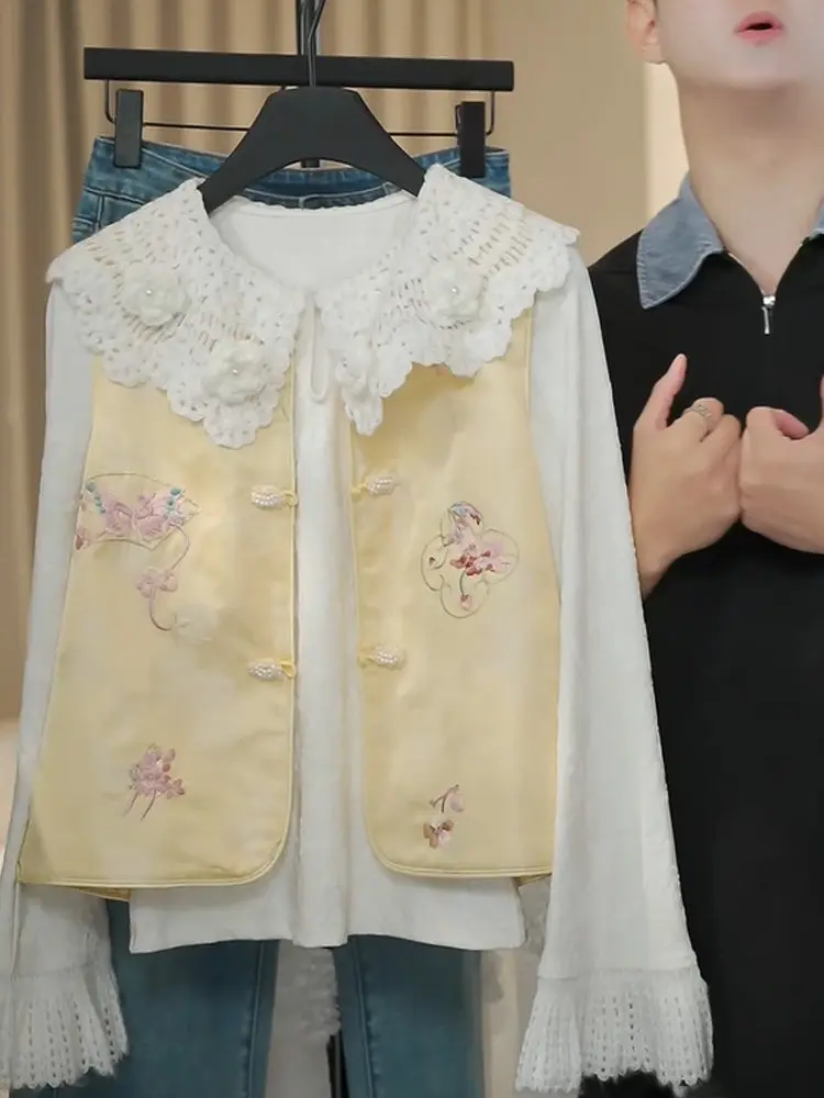 

Новый комплект: Женский топ-жилет в китайском стиле с вышивкой, сложным цветочным узором и пуговицами, весенняя повседневная мода