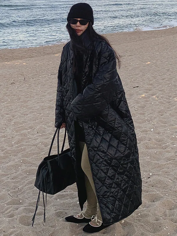 

Женское утепленное хлопковое пальто Chunimen с ромбовидным узором, черное, приталенное, в уличном стиле, теплое, верхняя одежда