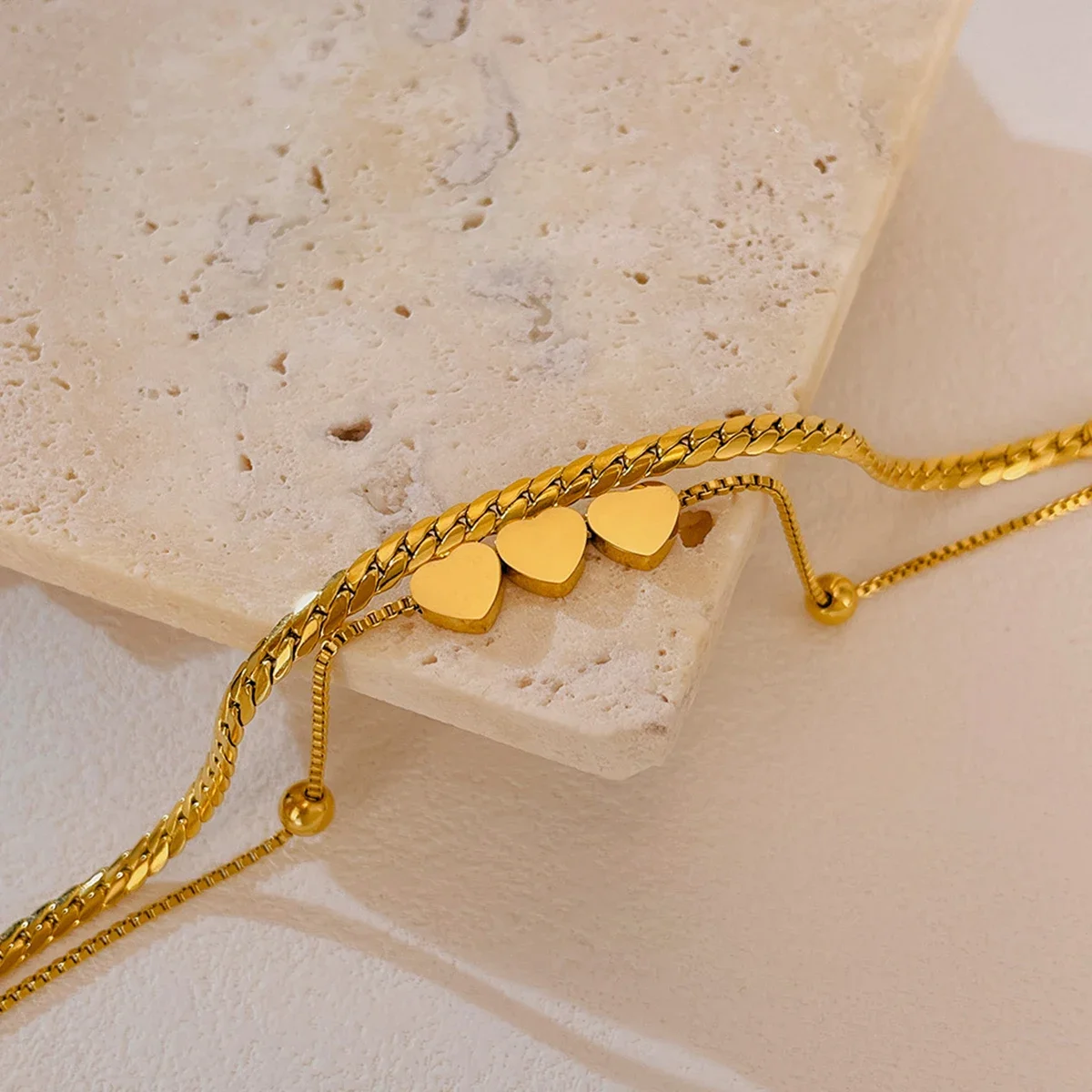 

Double Layered Gold Color Stainless Steel Charm Heart Chain Bracelet Adjustable for Women Casual Party Jewelry for Girls