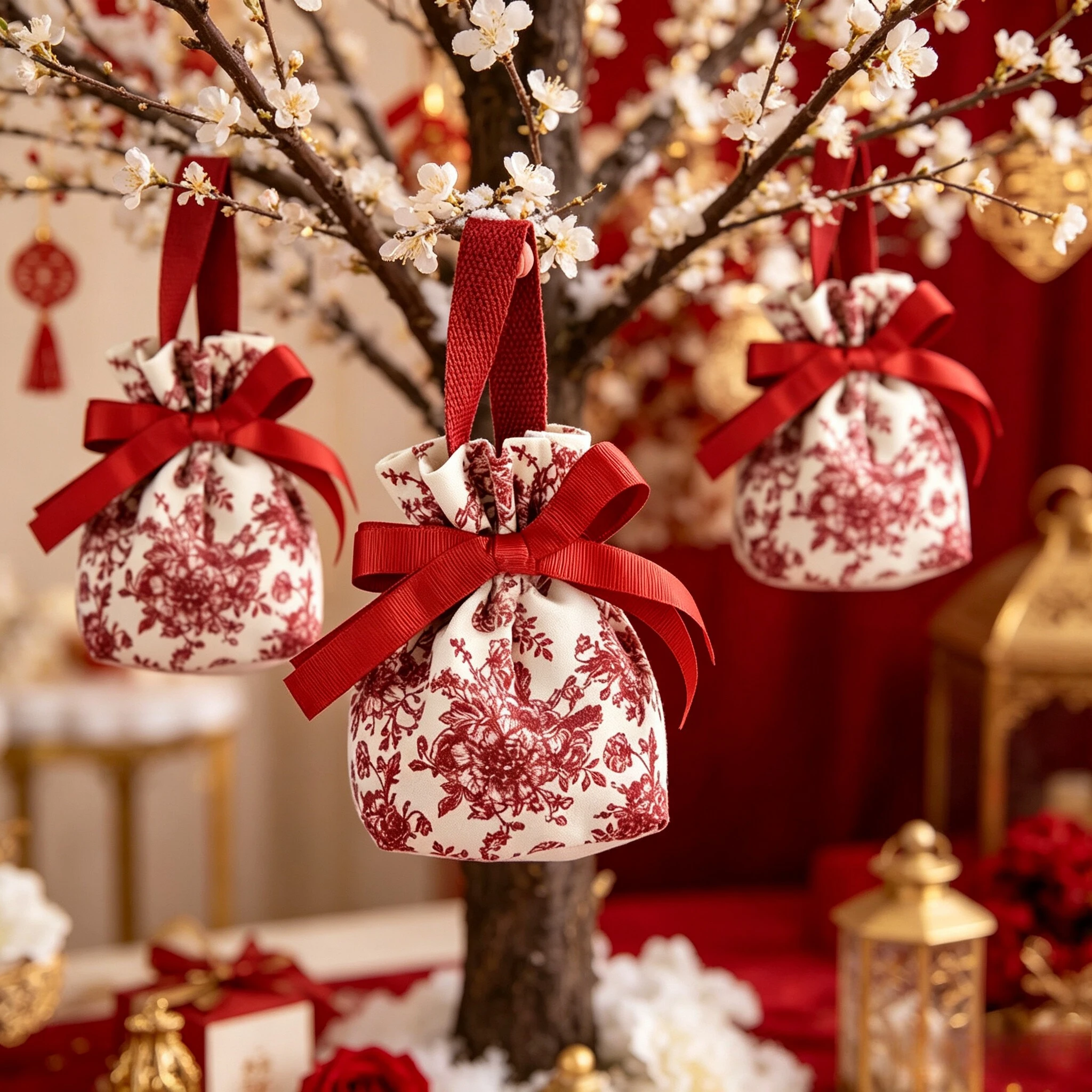 5 bolsas de regalo elegantes de terciopelo rojo con cordón y diseño floral y lazo de cinta - Bolsas de lona suaves y reutilizables para joyería, dulces