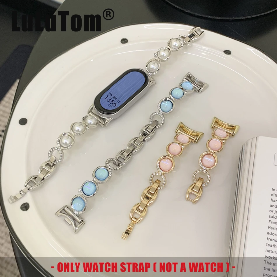 

Ремешок для Xiaomi Mi Band 10 9 8 Pro, ремешок для часов Miband 8Pro 9 Pro, роскошные стеклянные бусины, модный металлический браслет с жемчугом, браслет