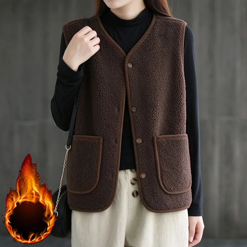 Autumn Winter Womens Fleece Waistcoat Lamb Fur Lined Thick Warm Sleeveless Top Middle Elderly Outerwear with Front Pockets
