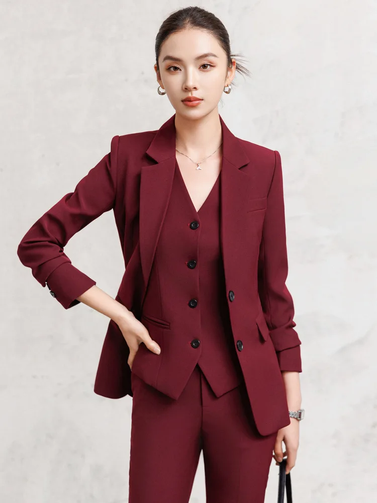 

Burgundy women's suit for autumn and winter2025New stylish three-piece workwear set with a vest for commuting and professional a
