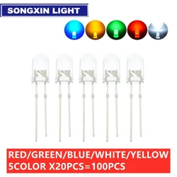 Nuovo 100 pz Trasparente Rotondo 5mm super luminoso acqua trasparente Verde Rosso bianco Giallo Blu Lampadine a LED diodo emettitore F5