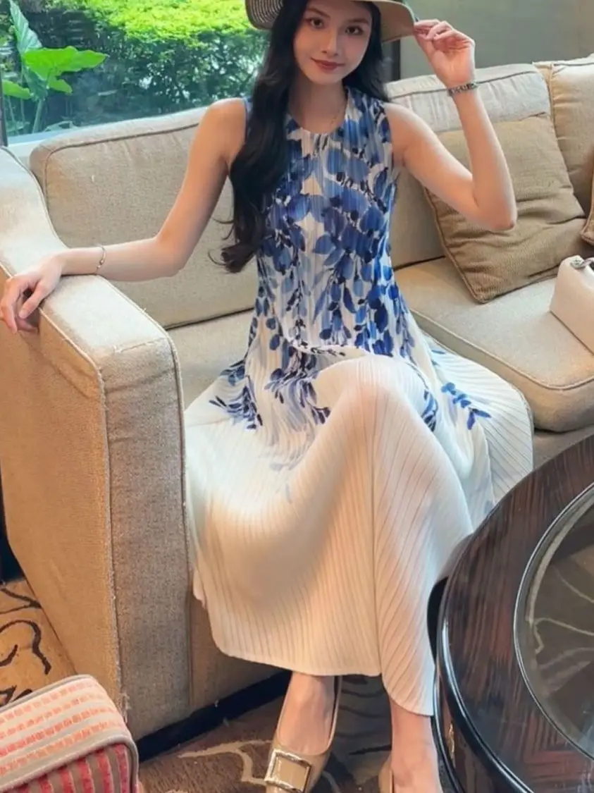 여름 신상 여성 플로럴 프린트 플리츠 드레스 슬리 하이웨이스트 A라인 스커트 통기성 폴리에스터 섬유 슬림핏