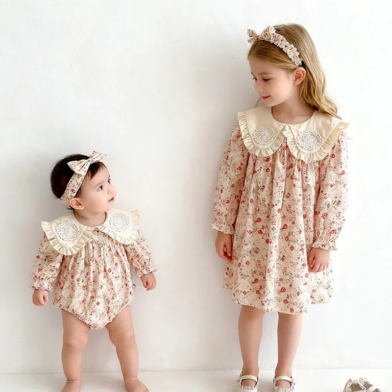2025 New Autumn Sister Dress Children Clothes 2-7Yrs Girl Party Dress Long Sleeved Cotton Print Kids Princess Dresses