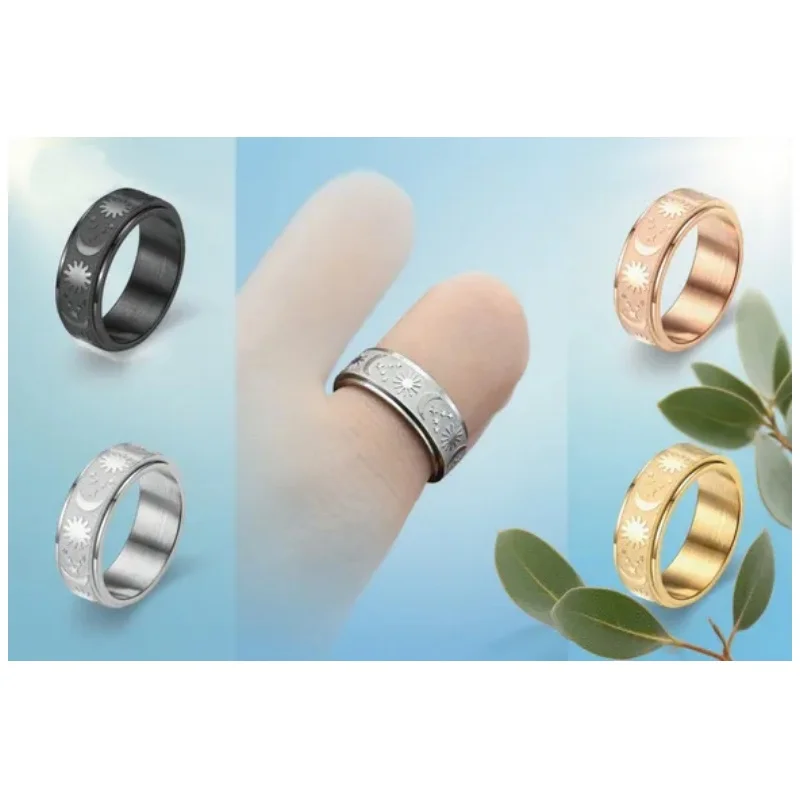 

2025 Star Moon Rotating Ring, Stainless Steel Stress Relief Spinner Jewelry, Unisex Anxiety Ring Gift Size 6-11
