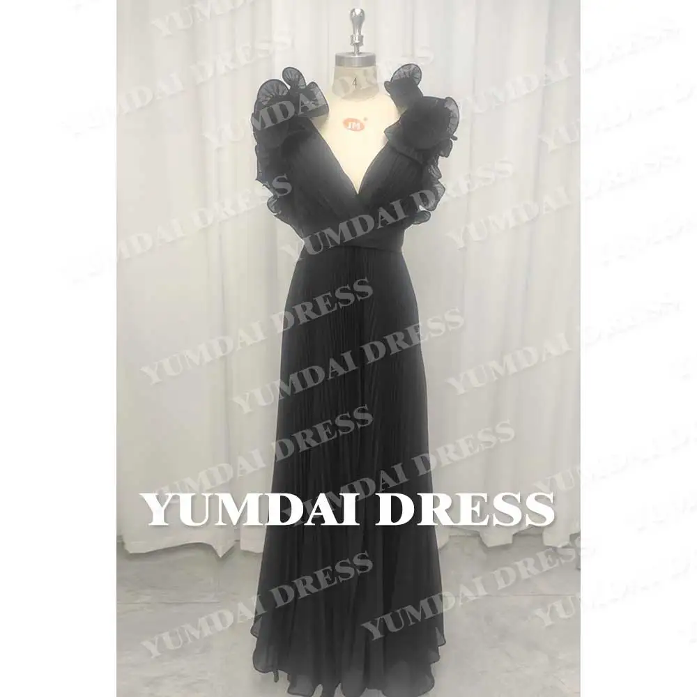 YUMDAI Gothic Black V-Neck Evening Dress Dubai 2023 Ladies Special Occasion Formal Ball Dress Graduation And Ground Chiffon Gown