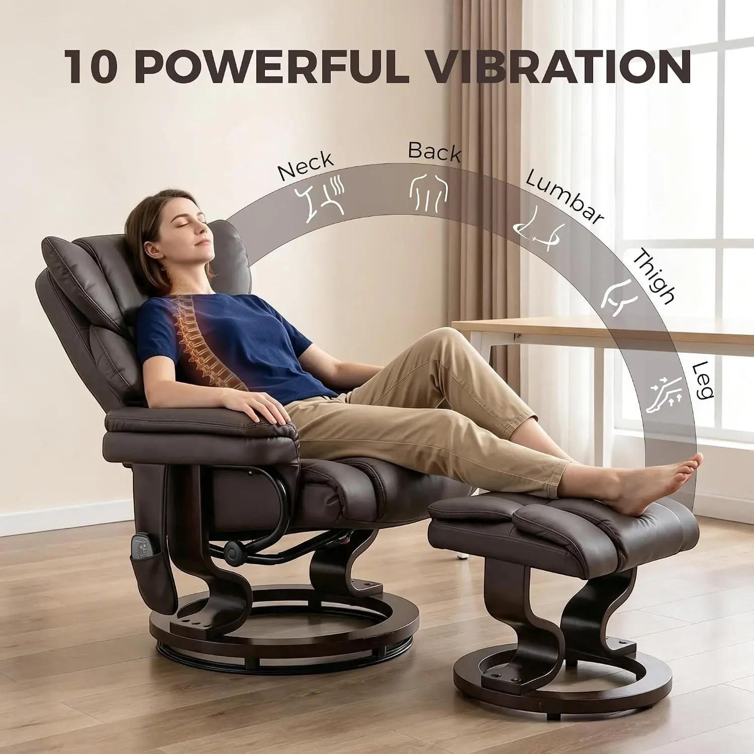 Massage Recliner Chair with Ottoman Footrest, 360° Swivel, Brown, Customized