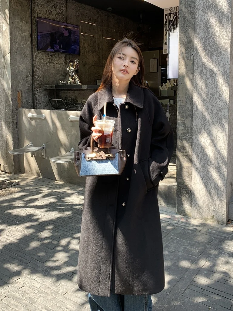 

Шерстяное пальто Bla для женщин в стиле Хепберн, средней длины, корейская версия, прямого кроя, из полиэфирного волокна, с длинными рукавами