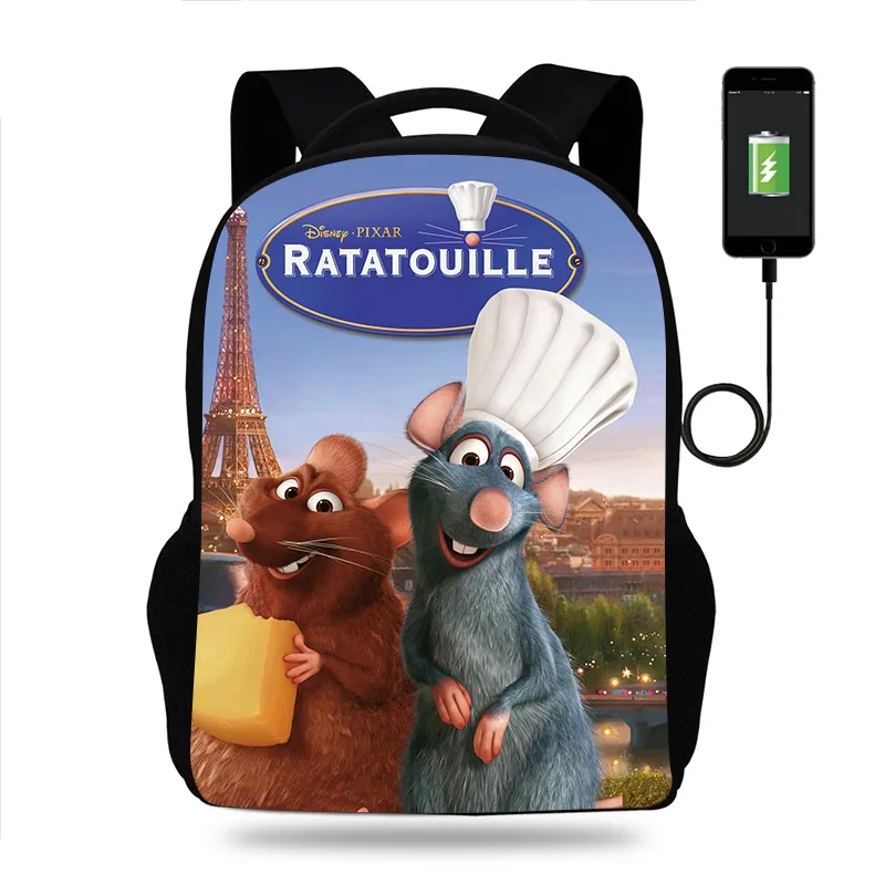 Fashion Disney Ratatouille Backpack Boys Girls School Bag Teenager Book Bags Men Women Rucksack USB Travel Knapsack Mochila