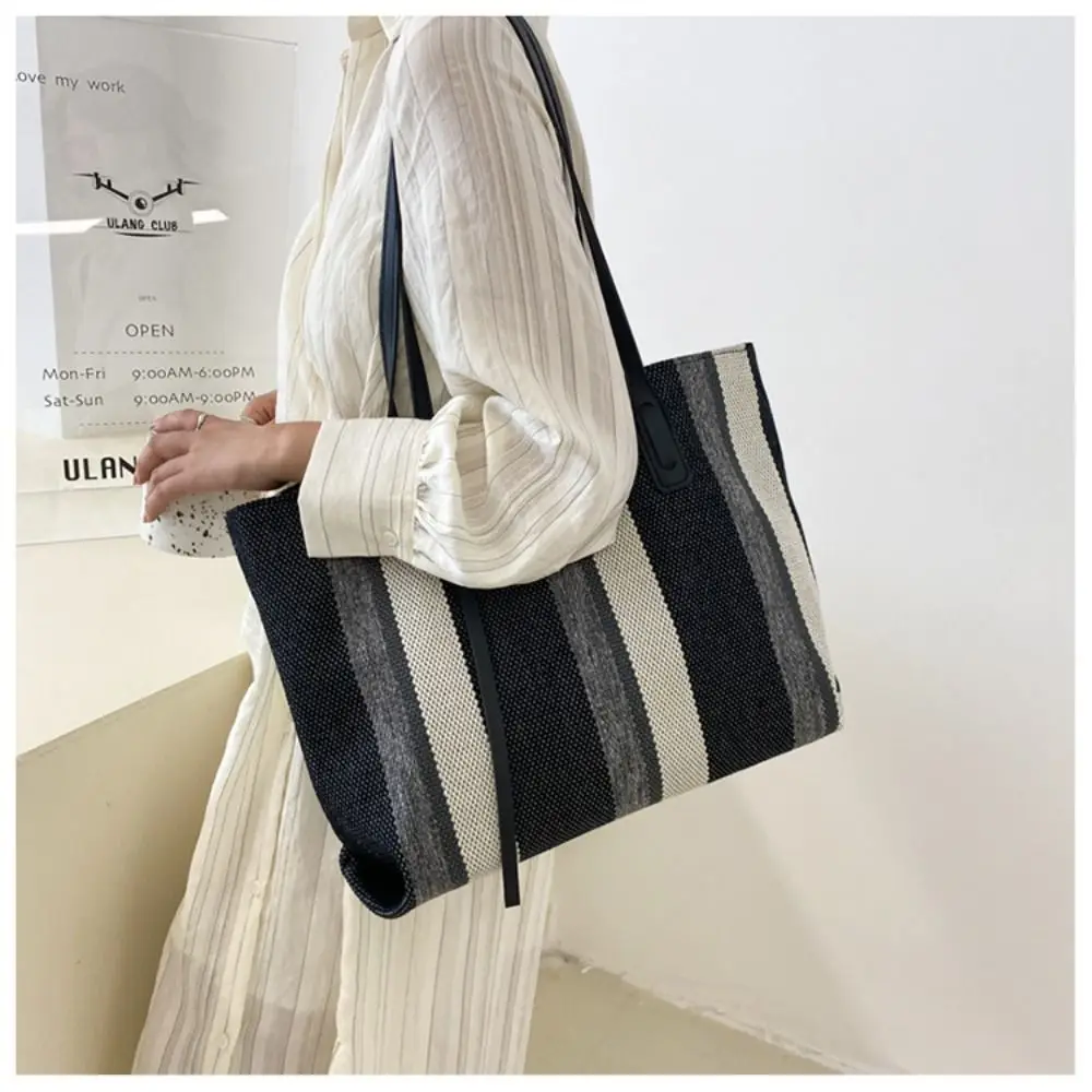 Casual Canvas Totes Bags For Women Shoulder Bag Women\'s Big Capacity Striped Handbag Designer Tote Shopper Bag