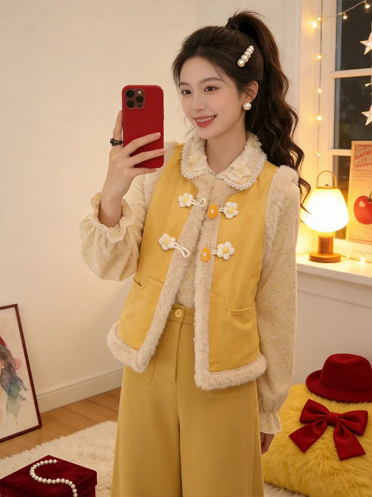 

Модный двусторонний жилет с кукольным воротником, женский зимний пушистый теплый жилет для поездок на работу, милый повседневный женский жилет среднего возраста