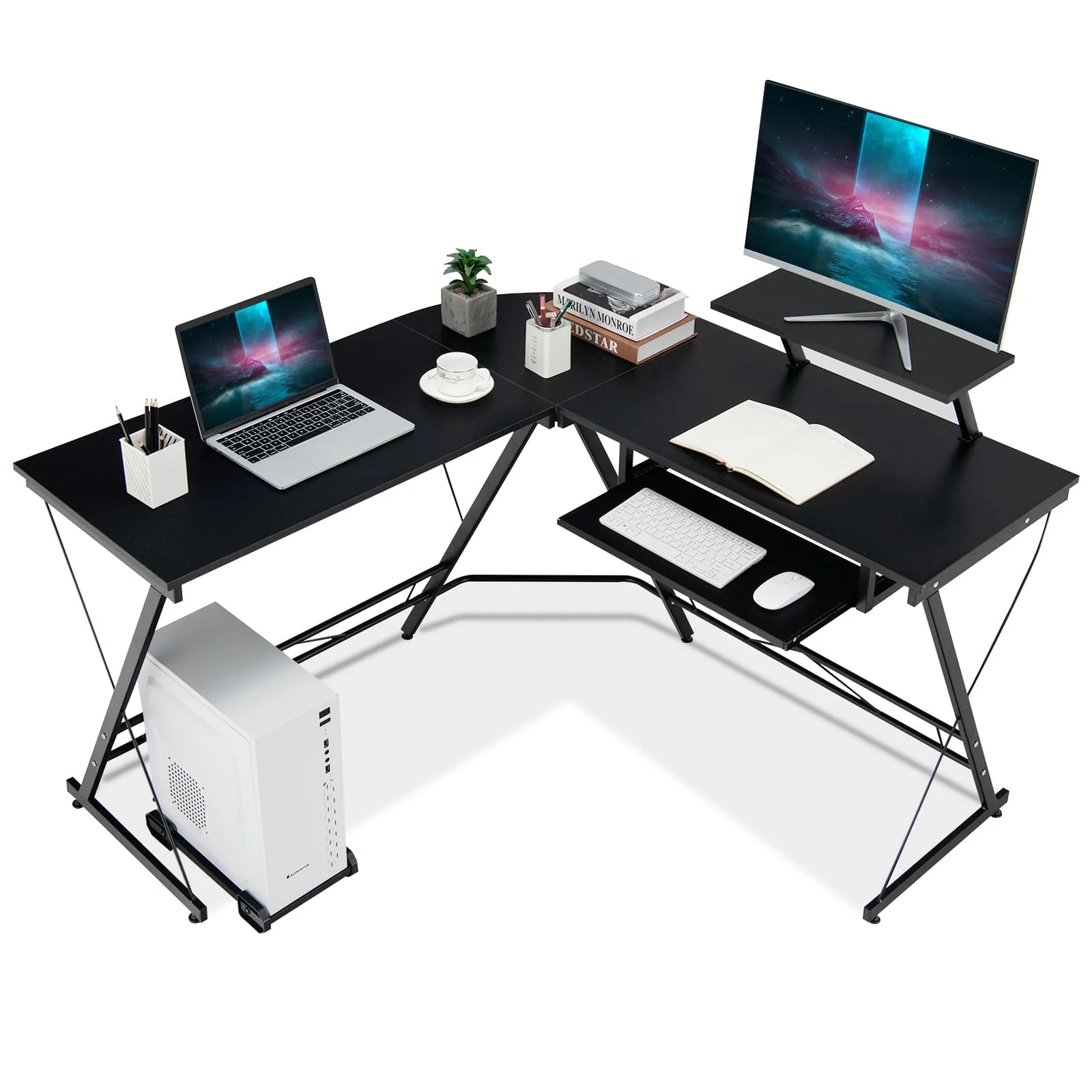 GOFLAME L-Shaped Computer Desk Home Office Corner Workstation w/ Movable Host Stand