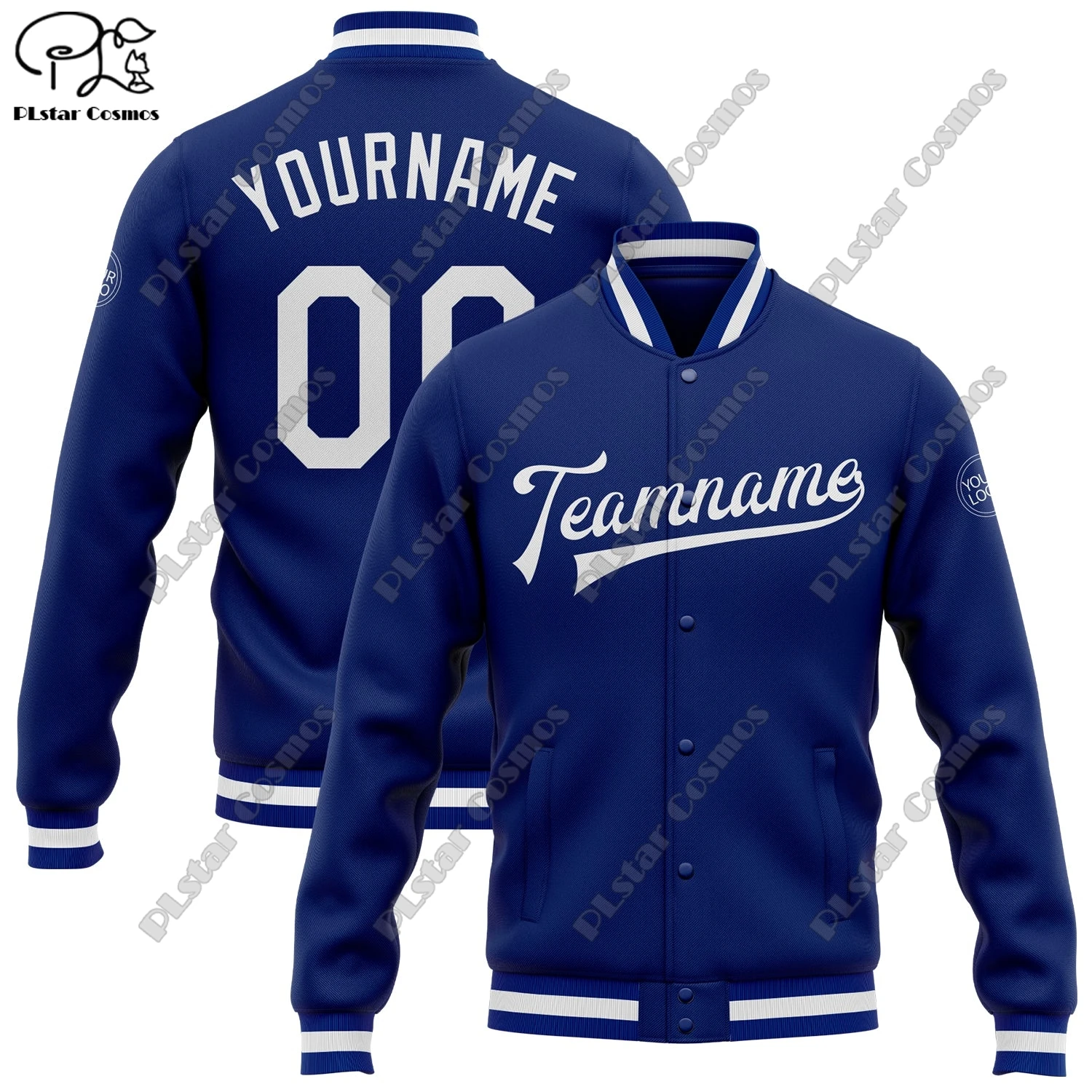 3D Printing Custom Name Badge Blue Bomber Two Tone Jacket Full Snap Button Jackets Unisex Team Gift Winter New Arrival