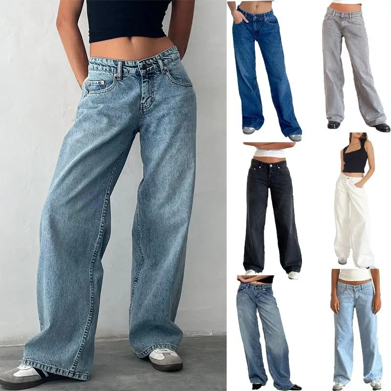 

Low Waisted Wide Leg Straight Jeans Non Elastic for Women College Sle Blue Denim mid Stretch Winter Collection