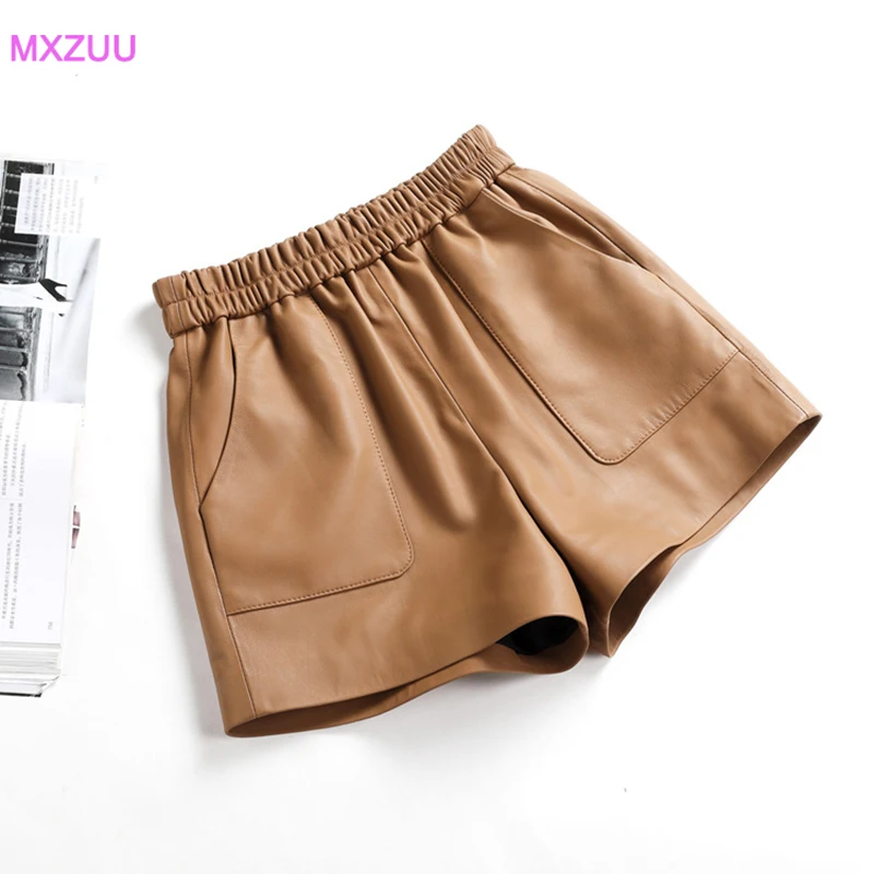 New Leather Shorts Spring Autumn Women Real Sheepskin Khaki/Chocolate Elastic Waist Pocket Slim Wide Leg Pants Pantacourt Femme