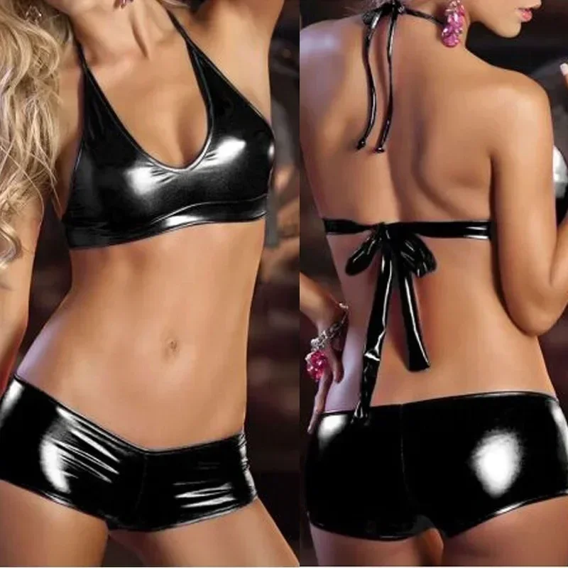 Sleepwear Women's Sexy Nightclub Pole Dance Patent Leather Bikini Set Women Pajama Sexy Lingerie Uniform Patent Leather Set