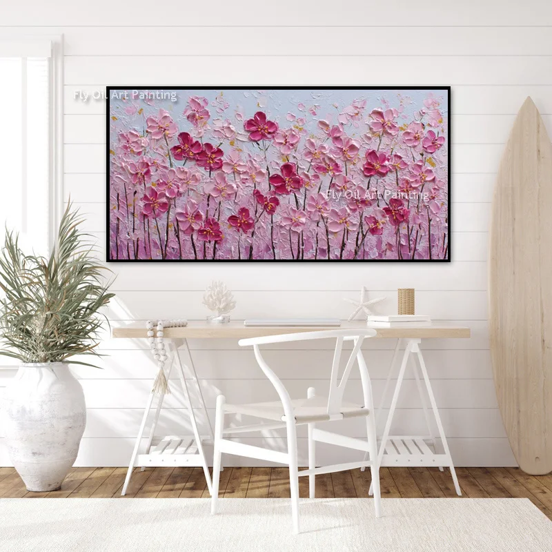 Abstract Blue And White Canvas Thick Oil Painting For Living Room New Popular Design Pink Red Flowers Home Wall Art Decor Items