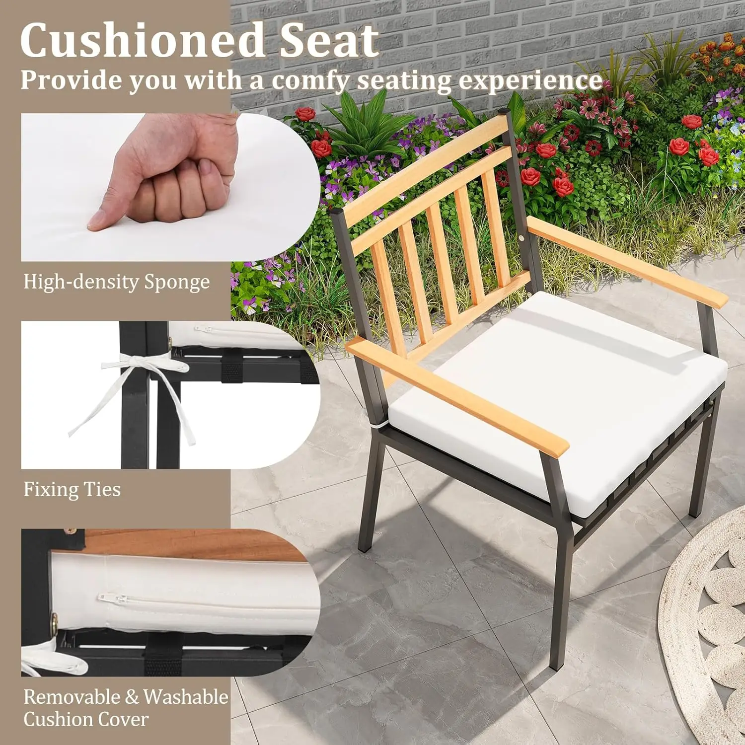 طقم بيسترو من خشب السنط مكون من 3 قطع، طقم محادثة للفناء مع وسائد وطاولة قهوة، طقم طاولة وكراسي بيسترو خارجية لـ