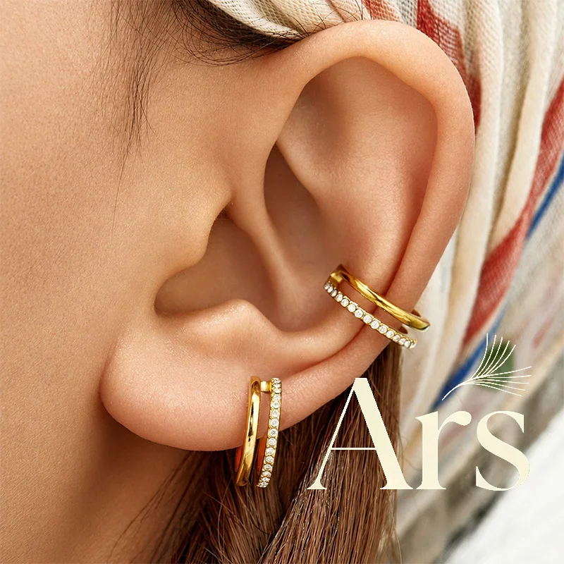 Ars 18K Gold Plated Hoop Ear Cuff Stainless Steel Double Layer Cartilage Earring with Zircon Women’s No Piercing Clip Earrings