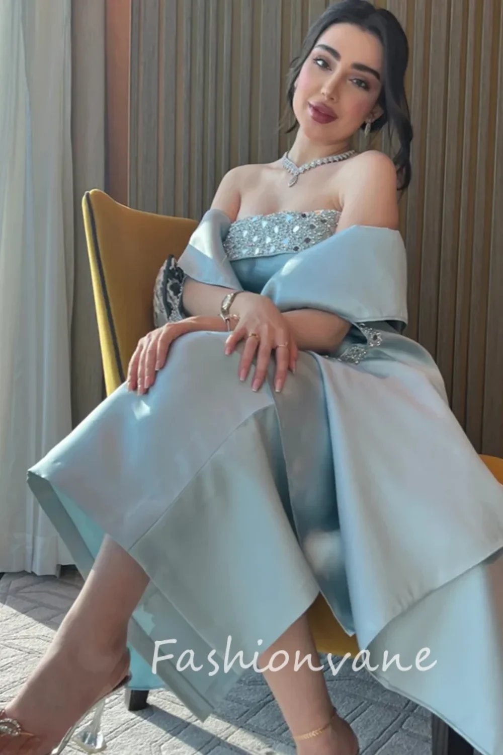 Fashionvane 2024 Customized Sheath Strapless Sleeeveless Beaded Shwal Floor Length Formal Prom Dress Evening Gown