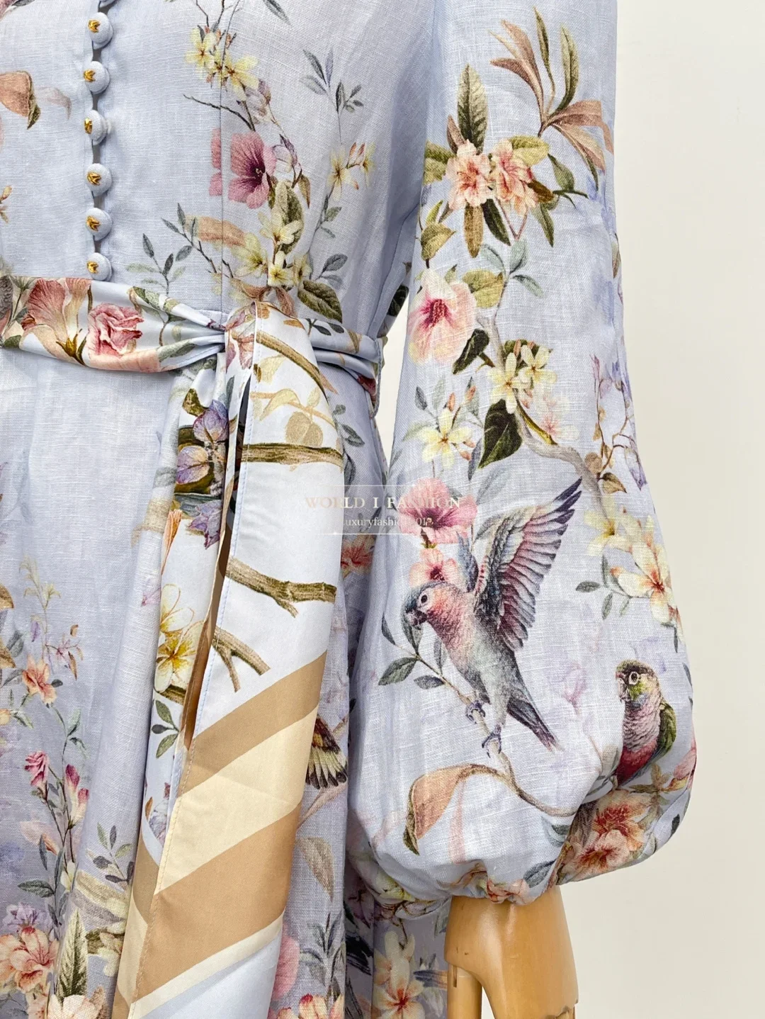 2025 Women New Fashion Blue Floral Print Long Sleeve Mini Dress