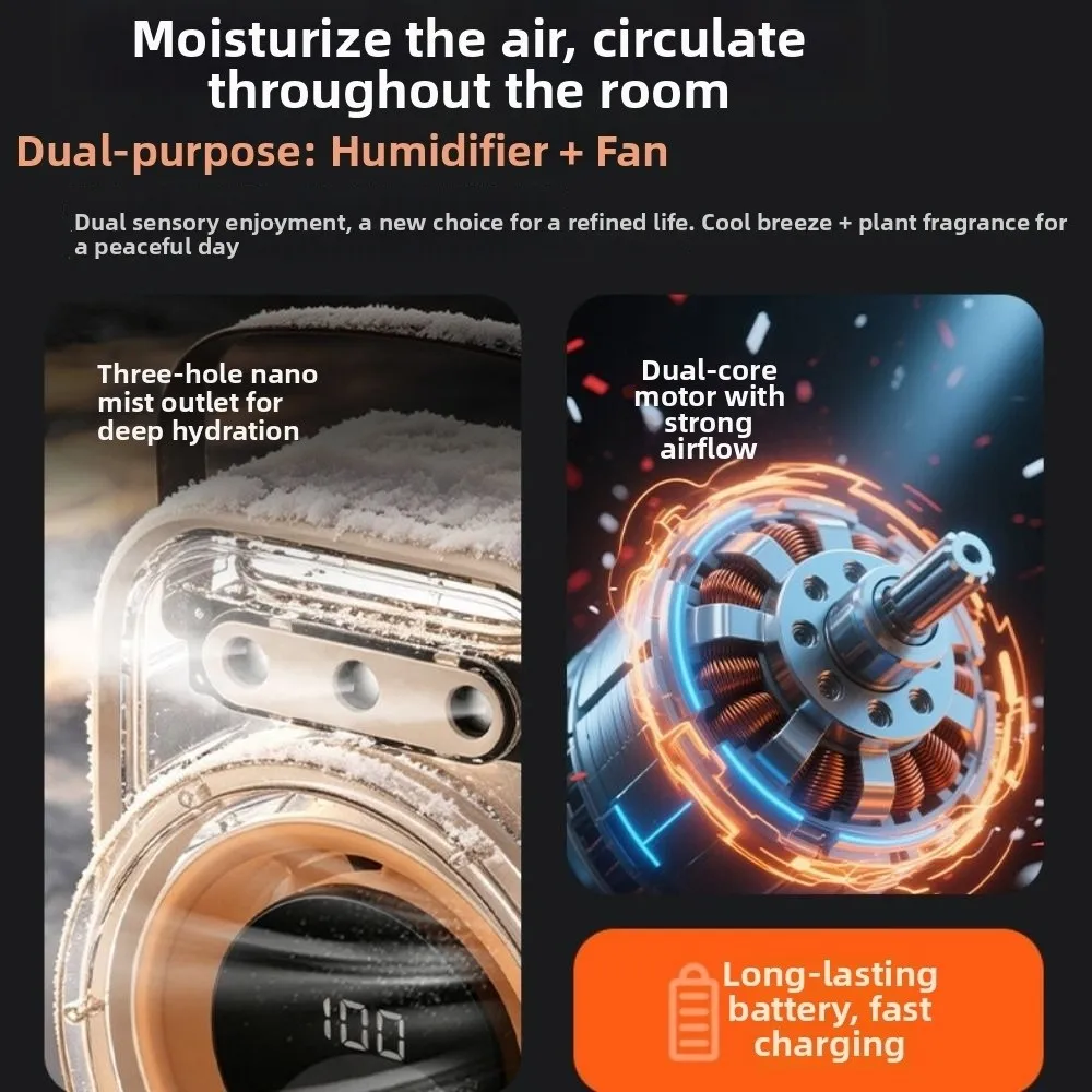 Triple-Hole Desktop Humidifying Fan Digital Display Quiet Operation Silent Spray Fan Energy Saving Rechargeable
