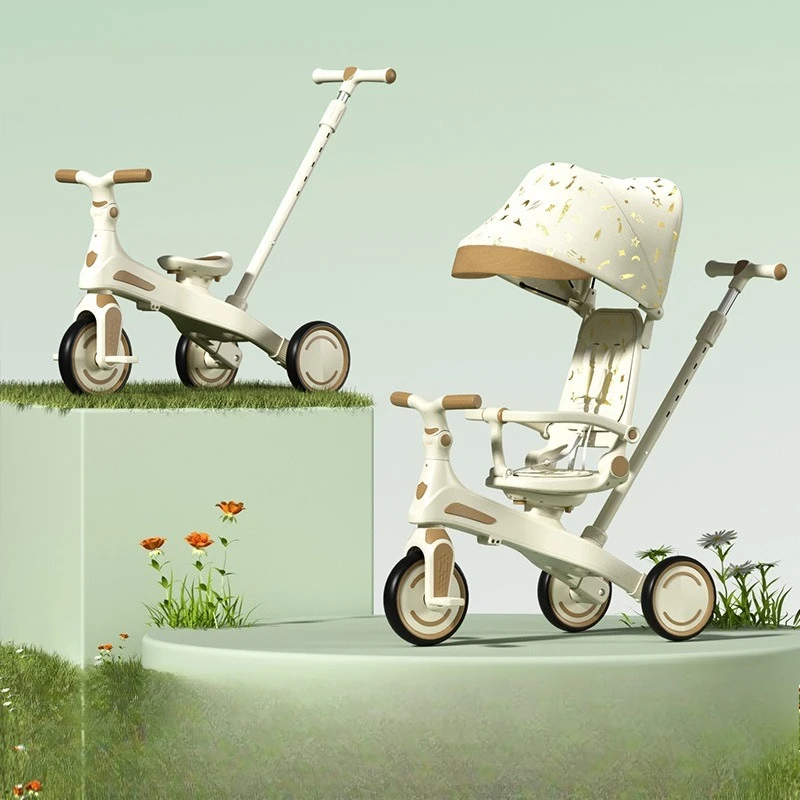 

Children's Tricycle 1-5 Year Old Multifunctional Folding Lightweight Stroller PU Wheel Shockproof with Awning Children's Bicycle