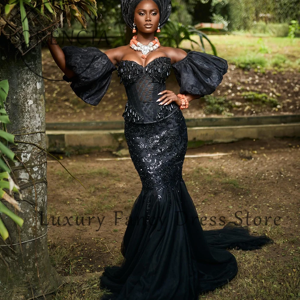 ชุดราตรีคริสตัลแบบแอฟริกันสำหรับงานพรอม  ชุดเดรสทรงเมอร์เมดประดับเลื่อมสำหรับงานเลี้ยงตอนเย็น  ชุดหรูหราสั่งตัดได้  ผ้าทูลล์ทรงคอร์ท  متجر شارون