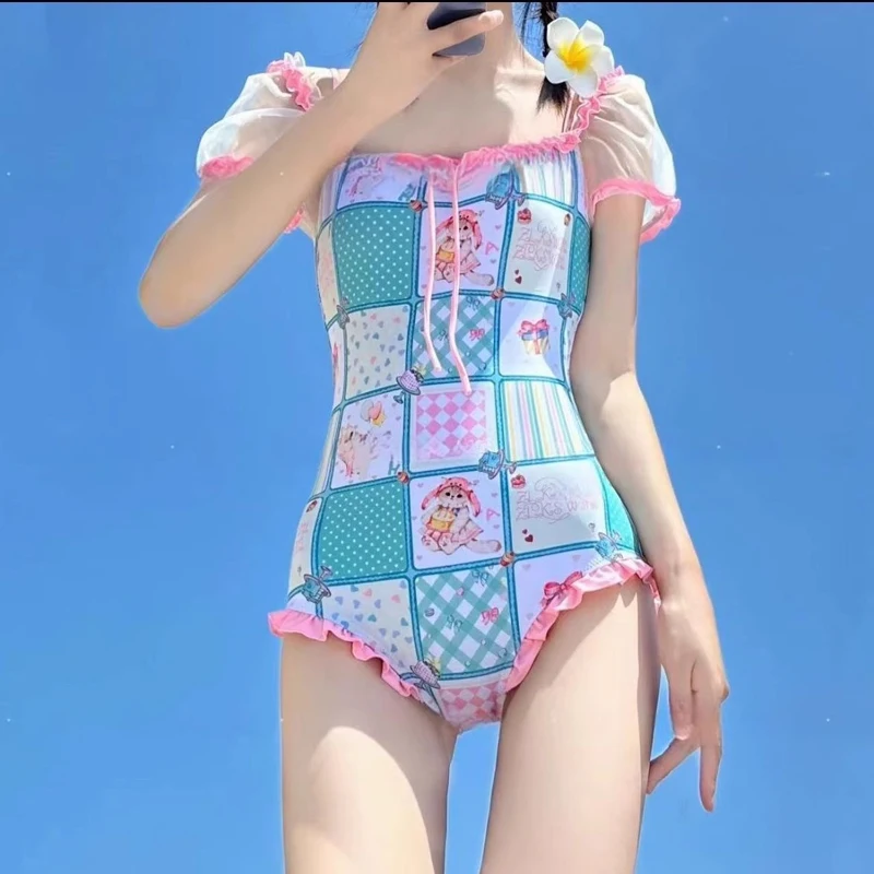 

Lolita Girl Sweet Y2k Puff Sleeve Student One-Piece Swimsuit Female Summer Pink Ruffle Plaid Swimwear Bathing Suit Beachwear