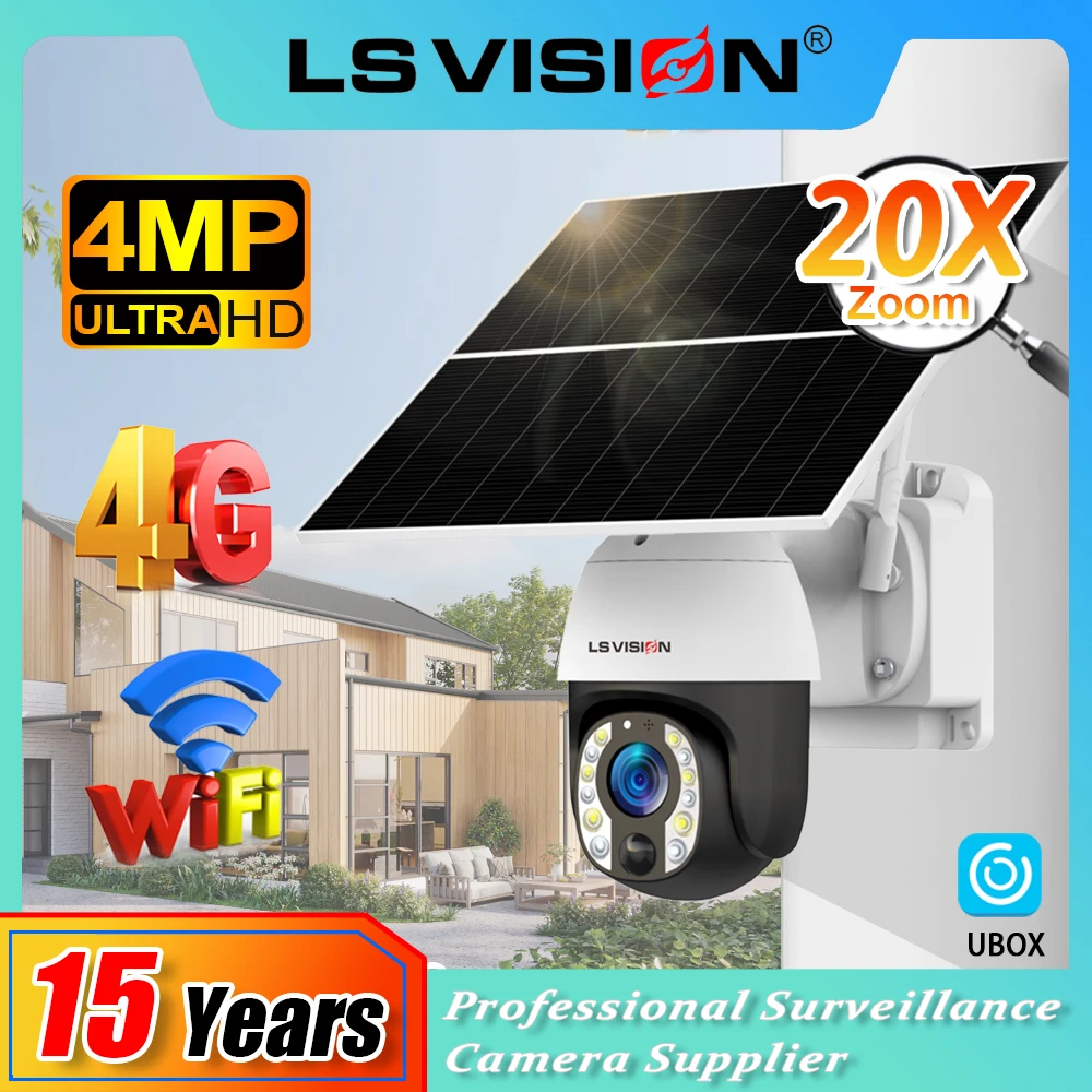 LS VISION 8MP 24/7 Hours Recording Solar Camera 4K 4G 20X Optical Zoom WiFi PTZ Auto Tracking CCTV Cameras with 20W Solar Panel