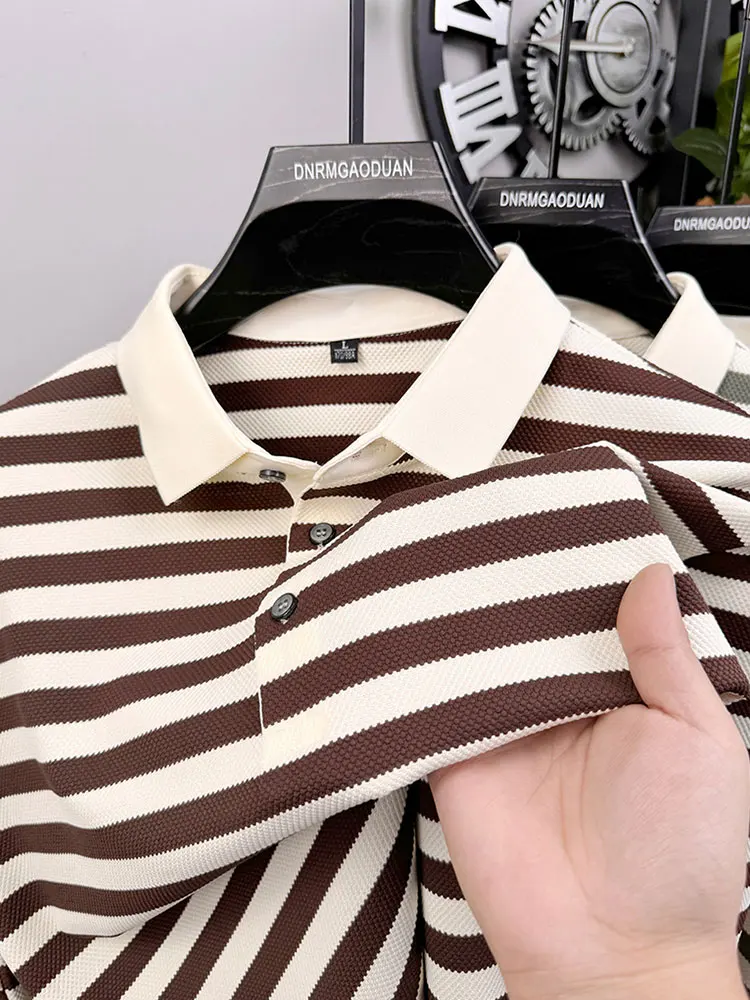 T Luxury  Lapel Men Long Sleeve High Quality Spring and Autumn Wear Fashionable Striped Color Matching Men's T-shirt Polo Shirt image 3
