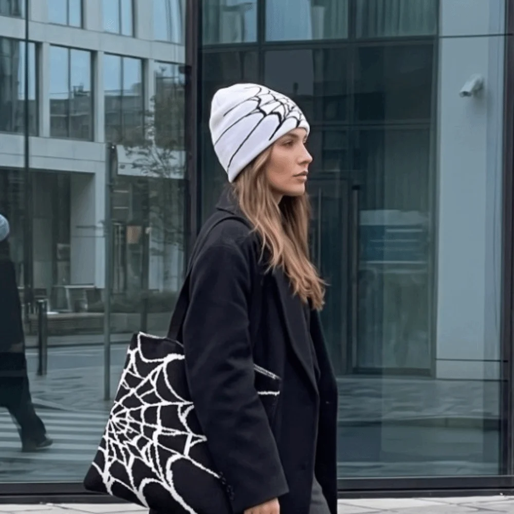 Y2K Soft Spider Web Pattern Beanie Caps Warm Street Punk Pullover Hat Stretch Multiple Colors Cuffed Knitted Hat Outdoor