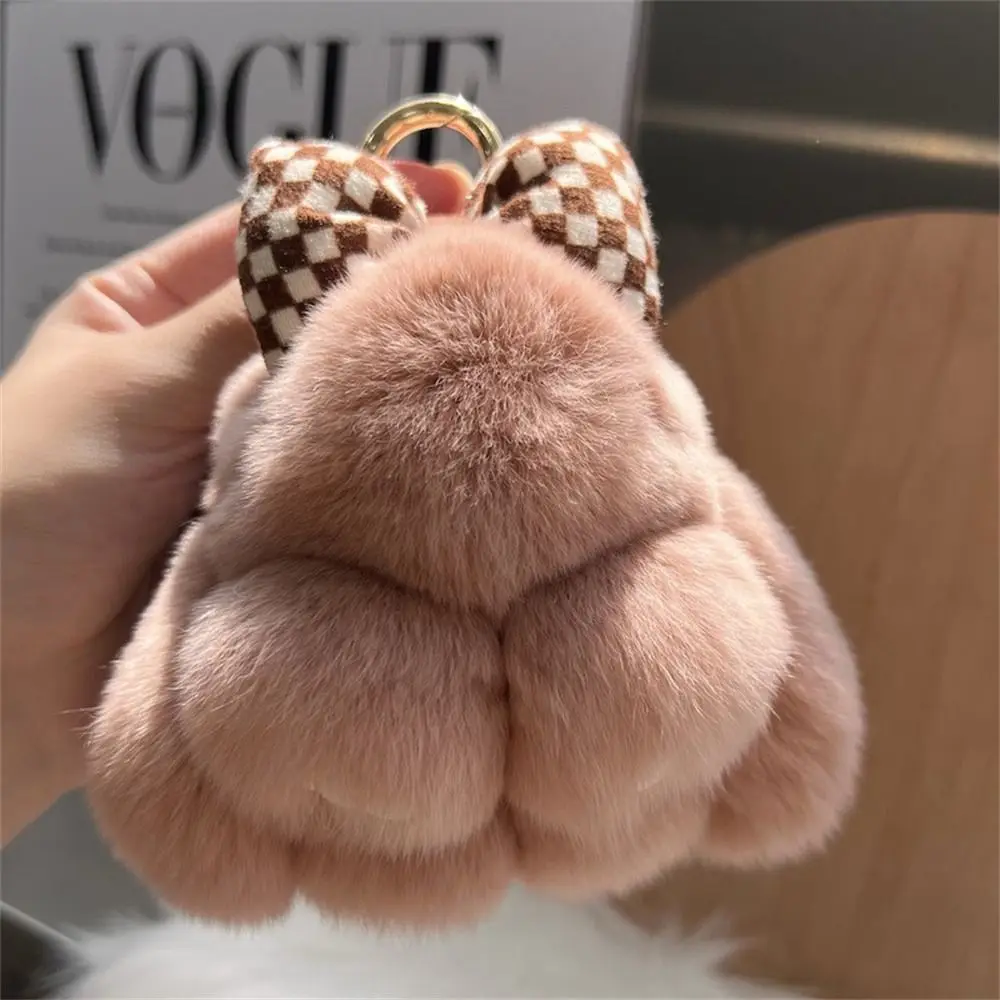 Hair Bow Rabbit Fur Keychain Cute Fluffy Pompoms Bunny Keychain Bag Charm Alloy Ring Plush Rabbit Key Ring Jewelry Gifts