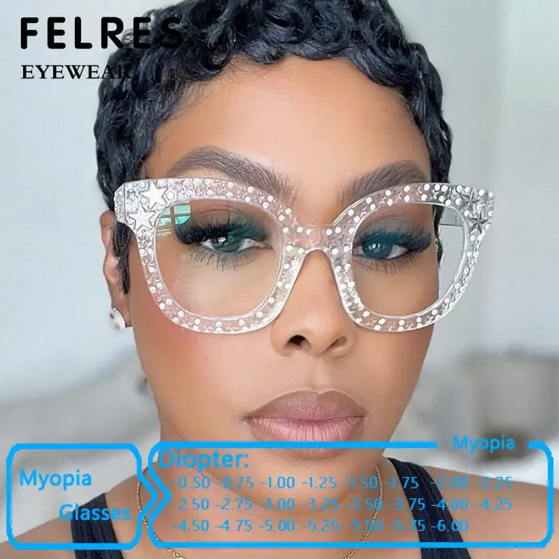 

Five Pointed Star Stylish Women Finished Myopia Spectacles Luxury Anti Blue Rays Prescription Glasses Clear Lens Optical Glasses