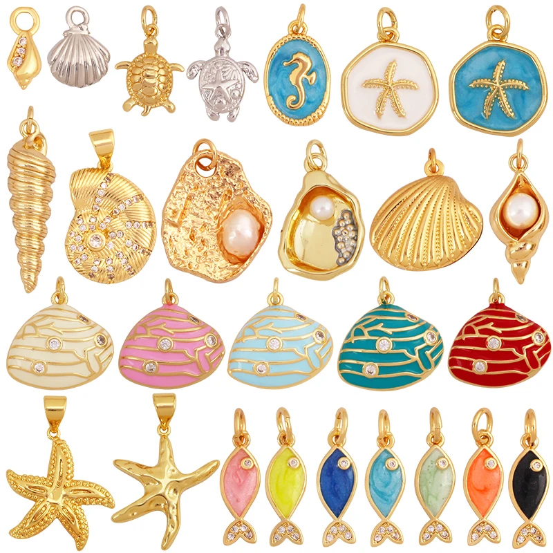 Marine Organism Sea Horse Turtle Fish Conch Shell Starfish Charm Pendant,Real 8K Gold Plated Zircon Jewelry Finding Supplies S05