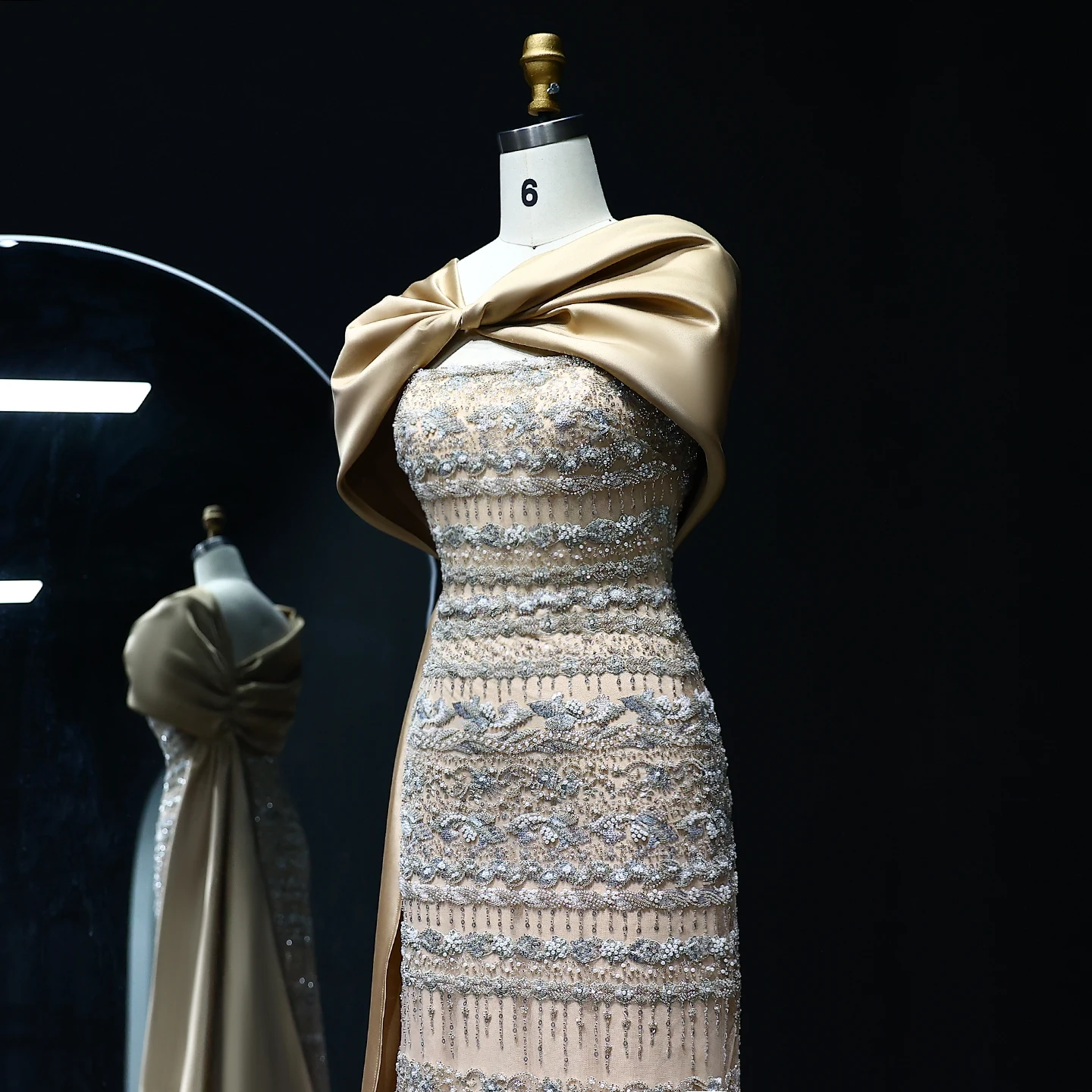 Sharon Said Arabisches Salbeigrünes Luxus-Abendkleid aus Dubai mit Cape, Champagner, 2026, Damen-Hochzeitskleider, SS238B, Maßanfertigung – Detail 12