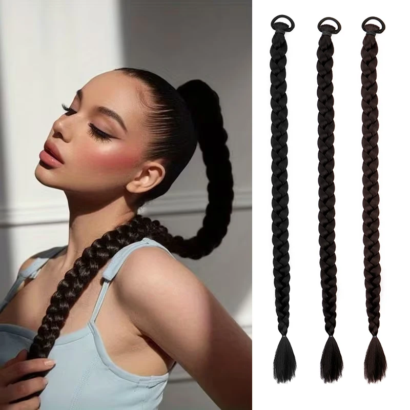 26Inch/30Inch/34Inch Synthetic Long Braid Ponytail Elastic Rubber Band Elegant Style High Temperature Fiber Hairpiece for Women