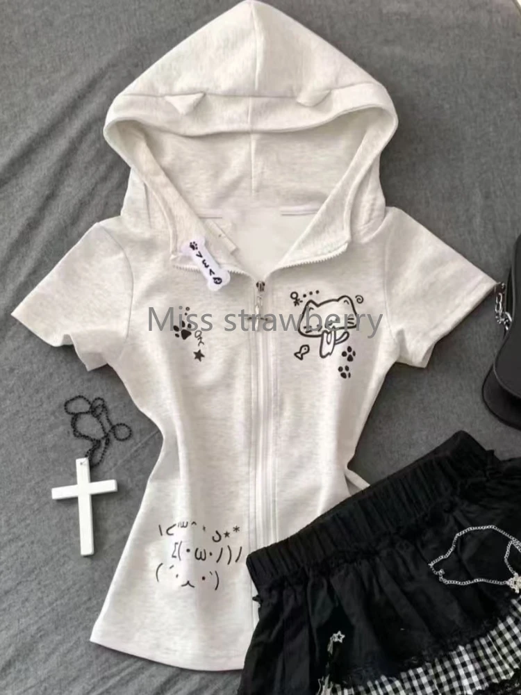 Japanese Kawaii Thin Short Sleeve T-Shirts Women Design Casual Slim Hooded Tops Female Summer Sweet New Zipper Lovely Outfits