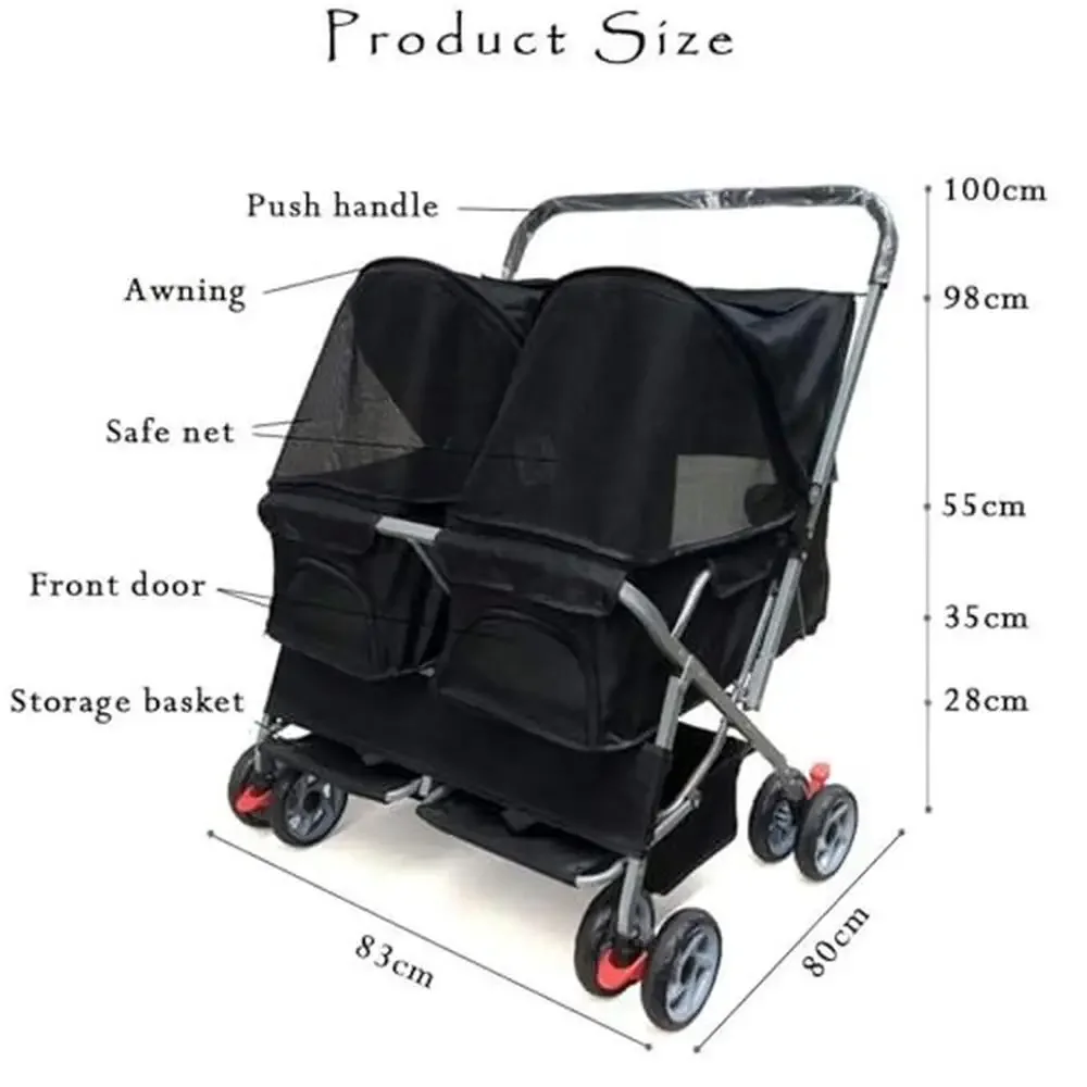 Double Pet Stroller Foldable Carrier 2 Dogs Cats Two-Seater Jogger Travel Cart with Storage Durable Steel Frame Breathable Mesh