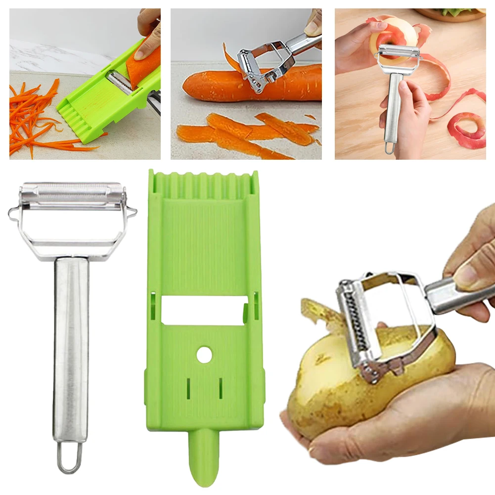 2 In 1 Multi-Knife Peeler with Grid Plate Double Blade Peeler Multifunctional Julienne Strips for Potato Orange Fruit Vegetable