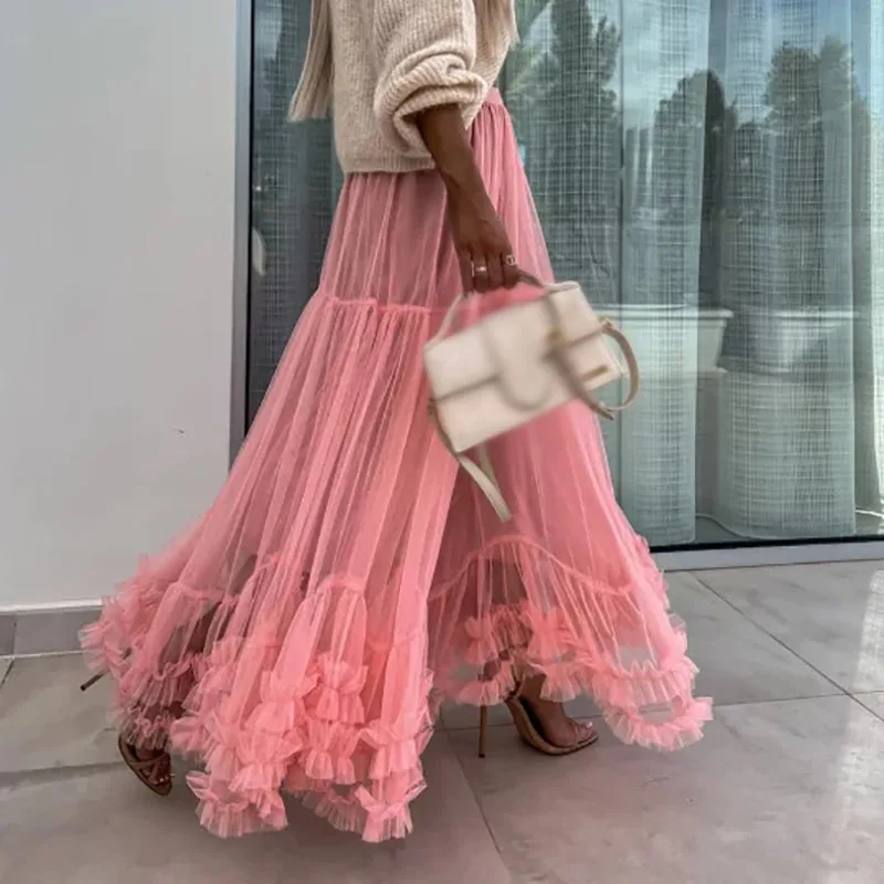 2024 Summer Boho Women Mesh Cake Long Skirts Office Lady Fashion High Street Maxi Skirt Elegant Sweet Loose Pleated Party Skirts