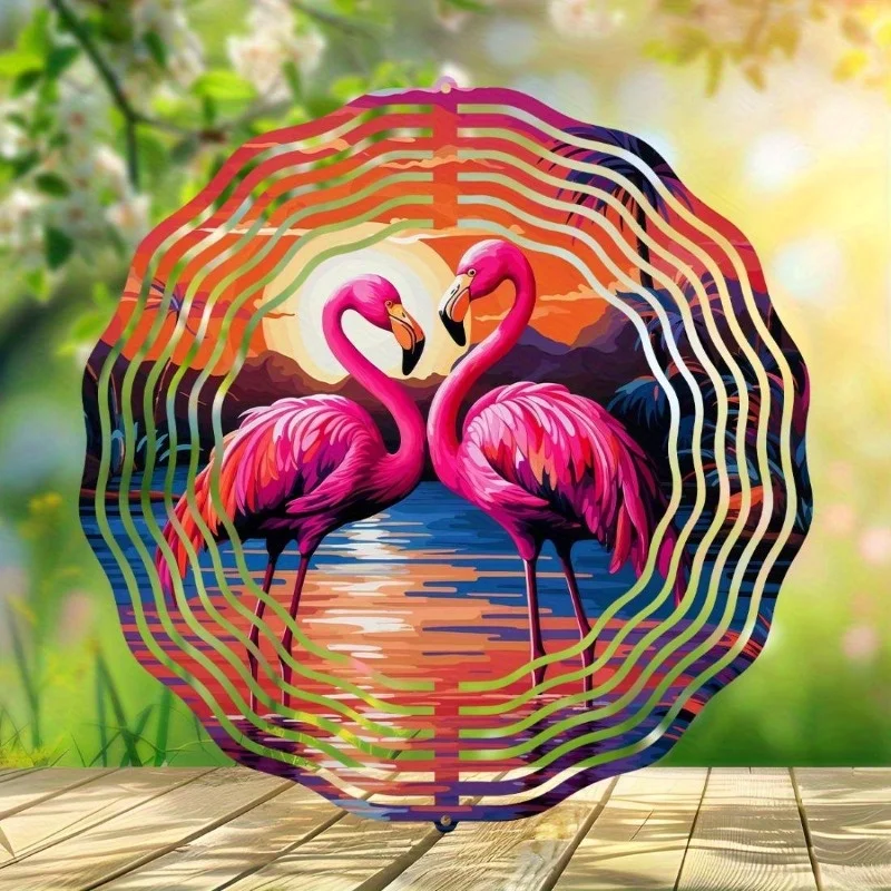 Colorful Flamingo Sunset Wind Spinner,3D Metal Wind Spinner Hanging Ornament Yard Garden Patio Outdoor Home Wall Art Decoration