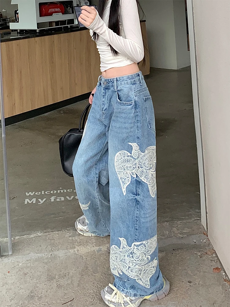 Women Embroidery Baggy Jeans Grunge Japanese Harajuku Y2K Denim Pants Cyber Punk Hip-pop 2000s Aesthetic American Vintage Tide