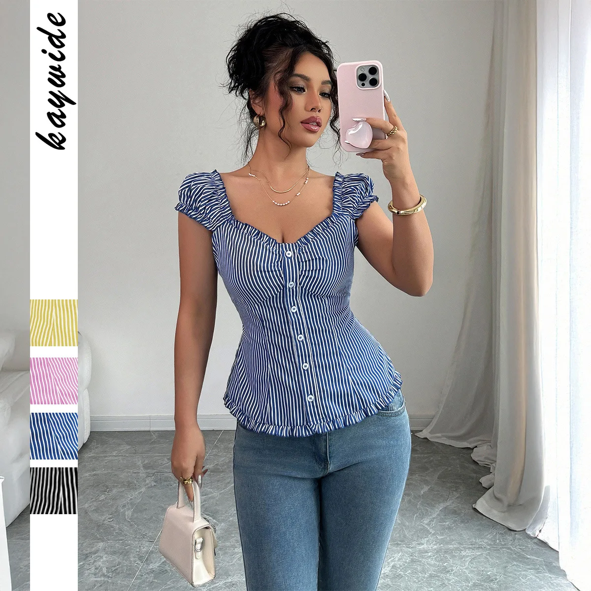 

Elegant Button-striped Short-sleeve Shirt Top For Women, Spring/summer 2026 Summer Long Dress Prom Lace Beach Bandage