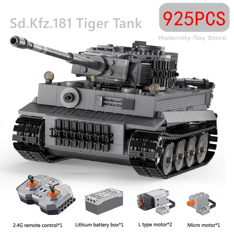 925pcs Ww2 Military Army 1:35 Sd.Kfz.181 Tiger Tank City Remote Control Building Blocks Weapon Bricks RC Vehicle Toys