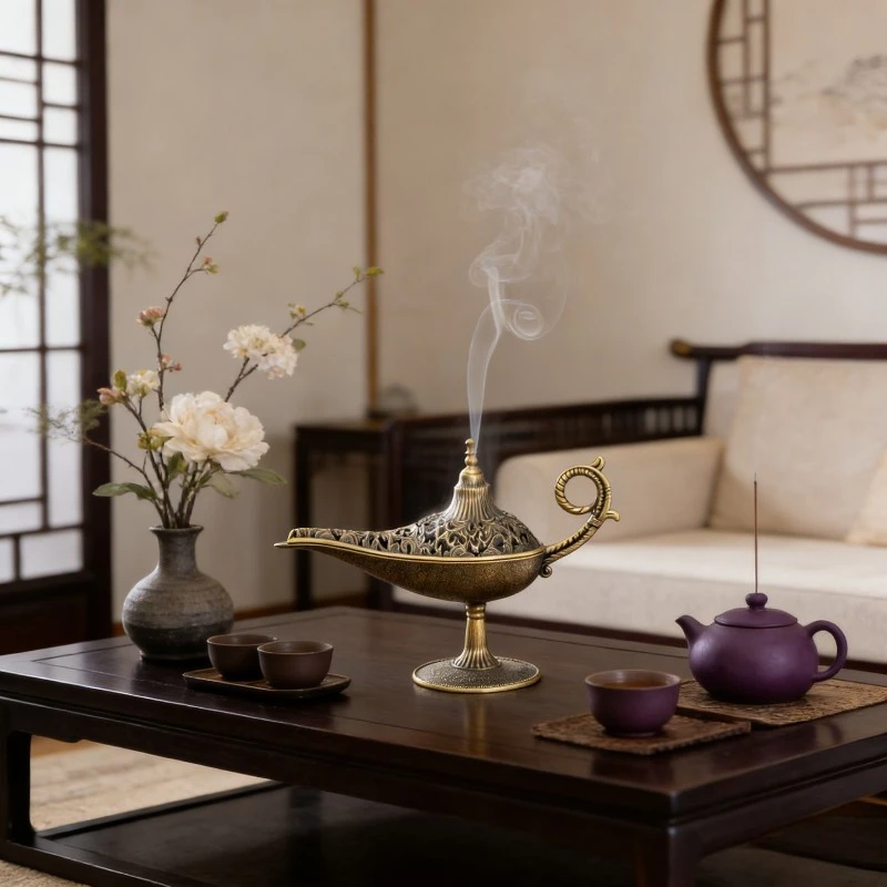 Aladdin Genie Lamp Incense Burner Alloy Craft Tea Decor Home Aroma Art Ornament For Indoor Tea Ceremony Display Use